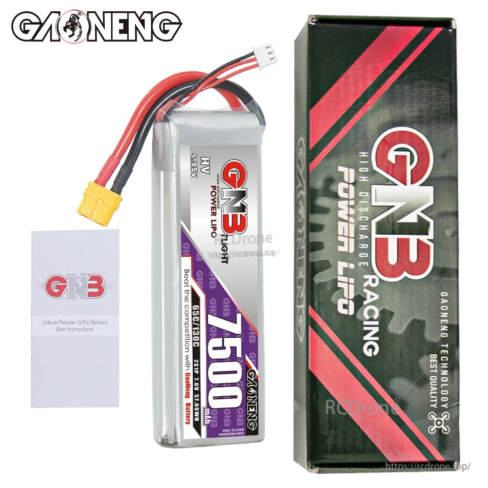 Package contents: GNB 7500 battery with retail box and user instructions booklet, XT60 plug visible