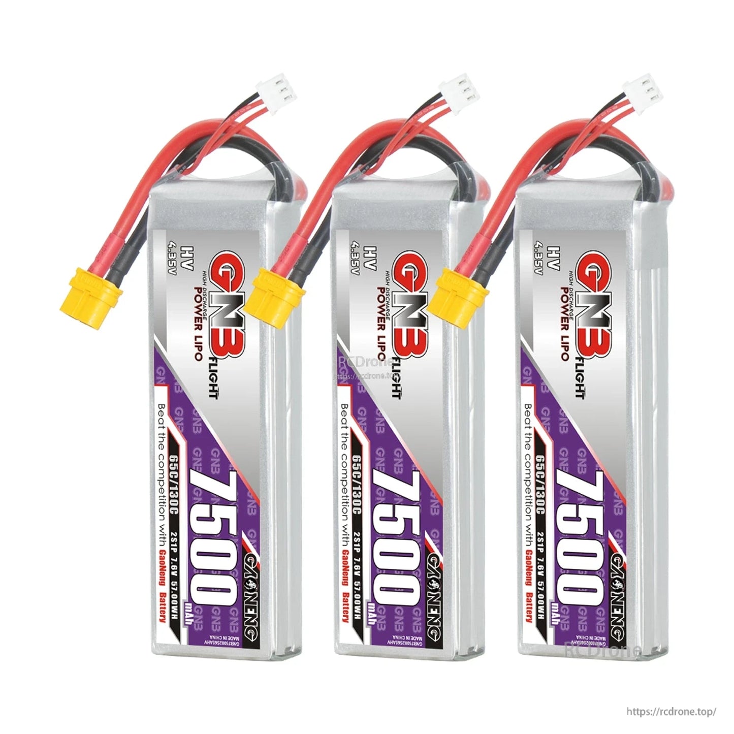 Three-pack display of GNB 7500mAh HV 2S LiPo batteries, each with XT60 connector and balance lead