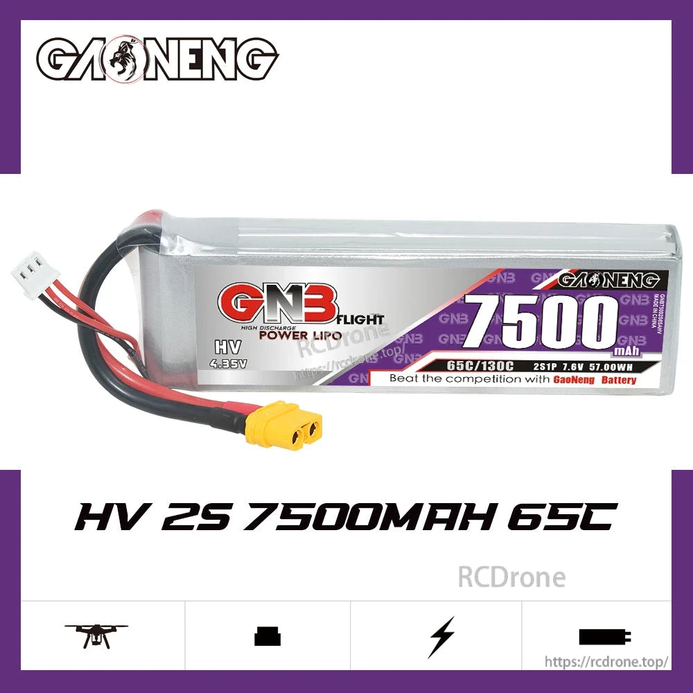 GAONENG GNB HV 2S 7500mAh 65C LiHV LiPo Battery side view with connector leads on white background
