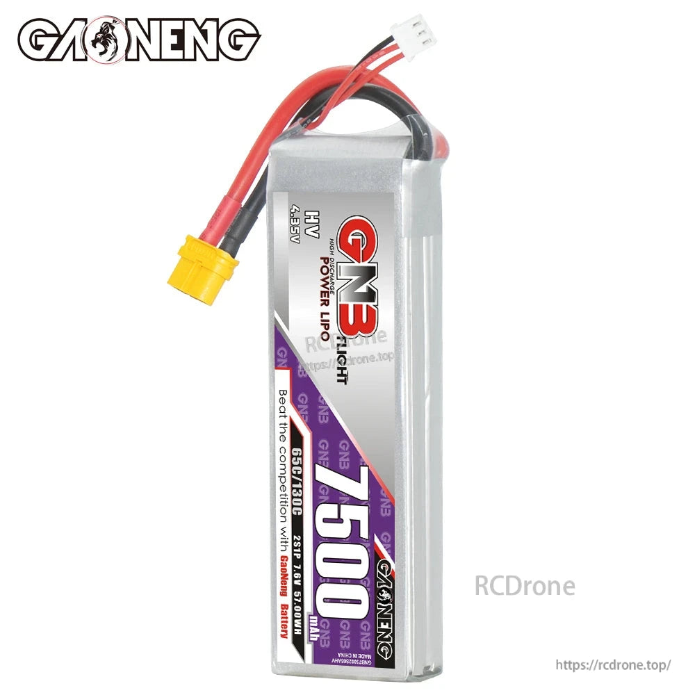 Vertical front label view of GNB HV 2S 7500 battery showing 4.35V marking and purple 7500 strip