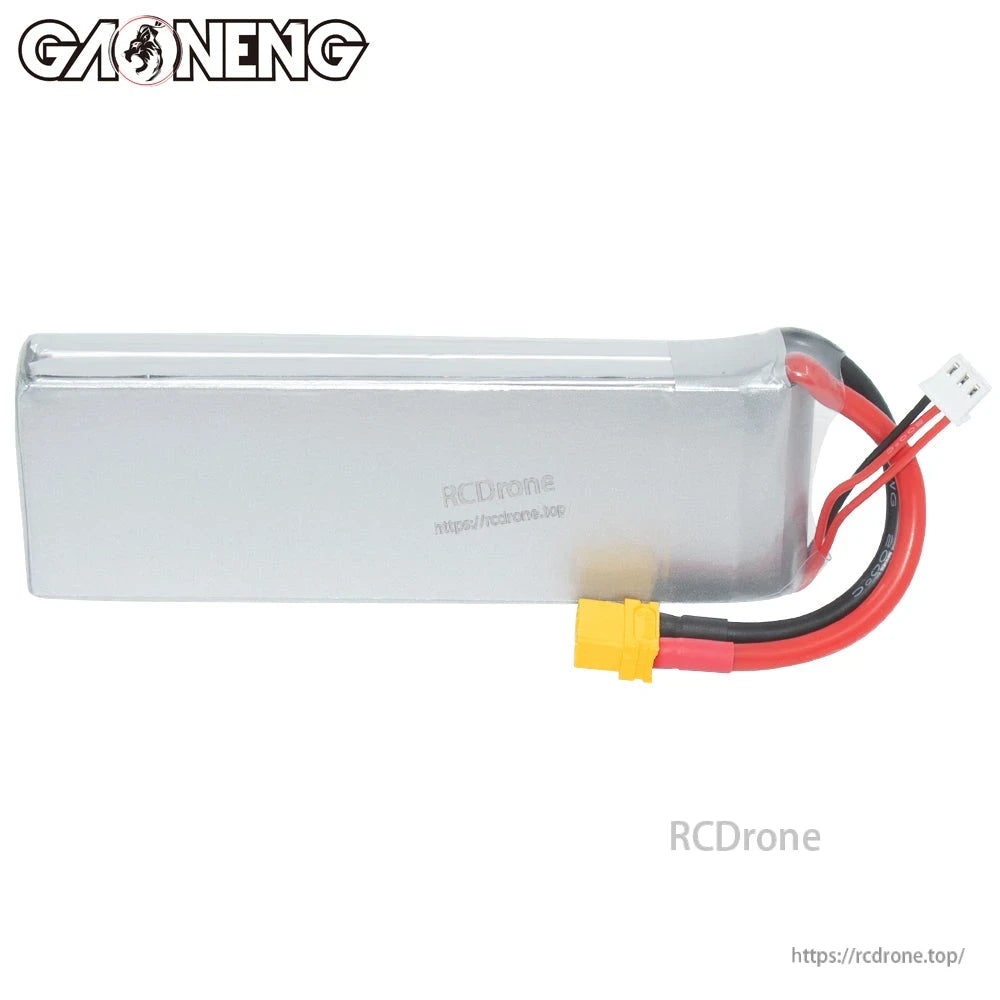Rear/blank side view of LiHV battery pack showing silver wrap, wires, XT60 connector and balance plug