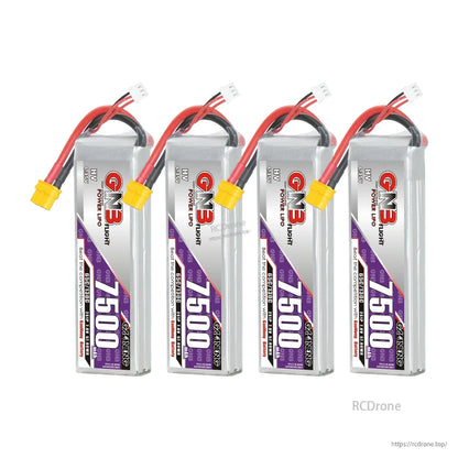 Four GNB 7500mAh HV 2S LiPo battery packs lined up, showing labels and XT60 power connectors