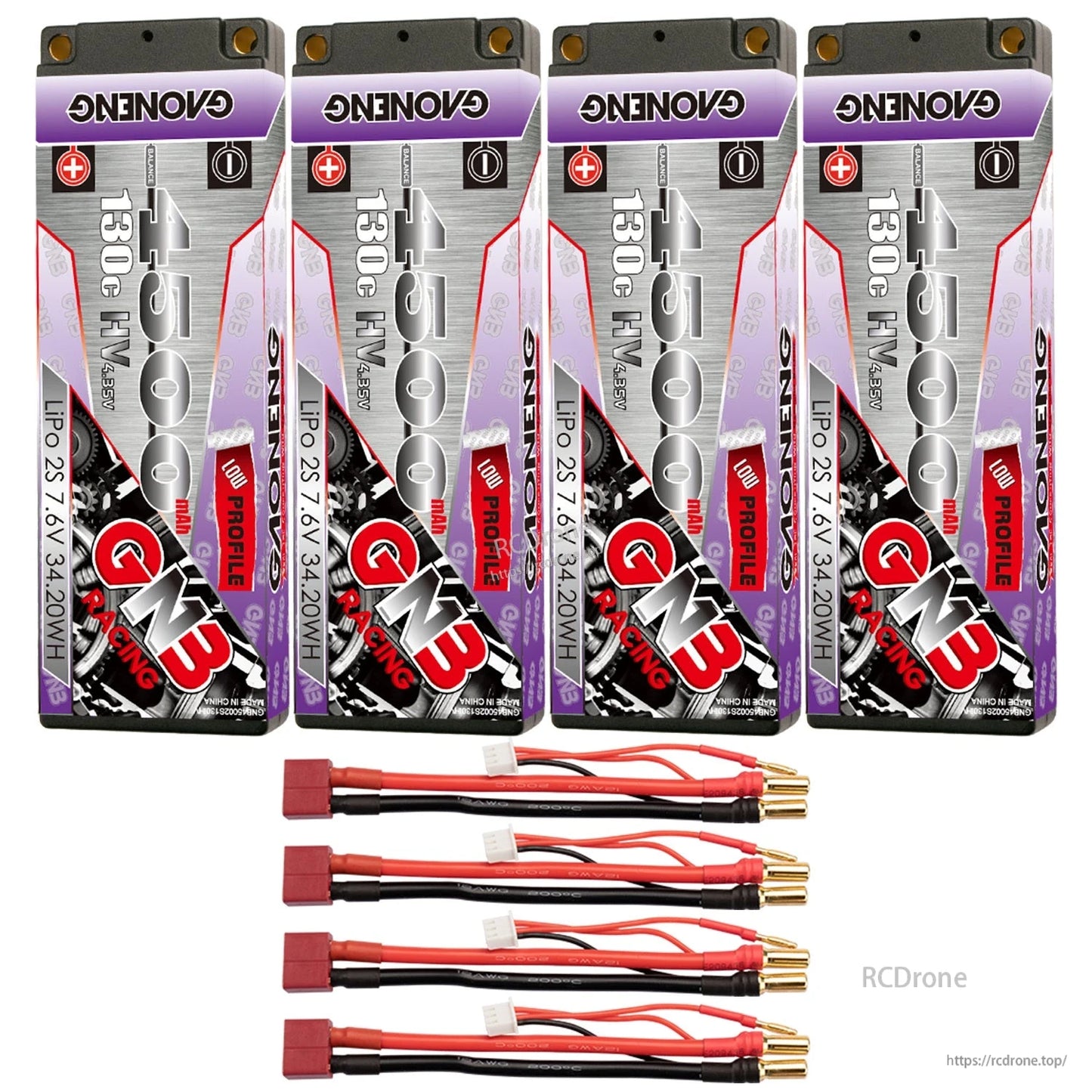 Four GAONENG GNB 4500mAh batteries with four red Deans-style plug leads and balance connectors