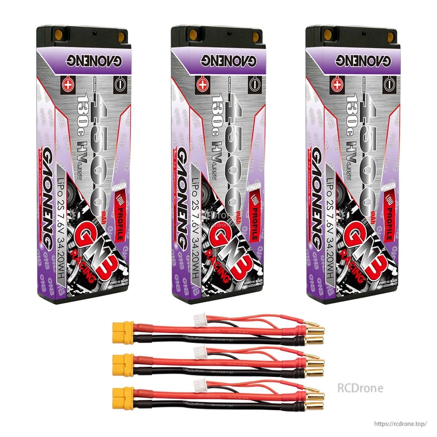 Three GAONENG GNB 4500mAh batteries with three yellow connector leads and 5mm bullet ends