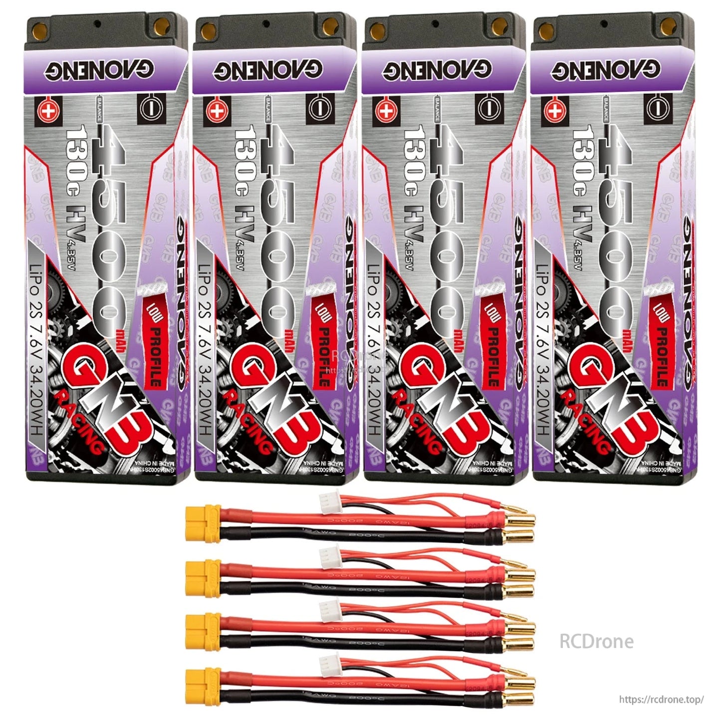 Four GAONENG GNB 4500mAh batteries with four yellow connector leads and balance plugs