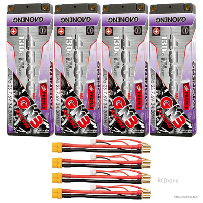 Four GAONENG GNB 4500mAh batteries with four yellow connector leads and balance plugs