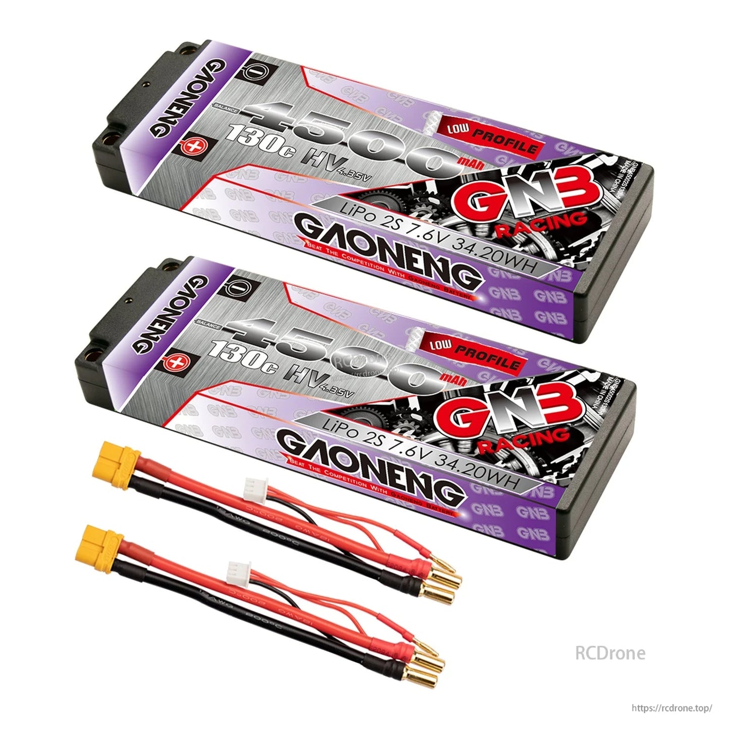 Two-pack GAONENG GNB 4500mAh hard case batteries with two yellow plug leads and balance connectors