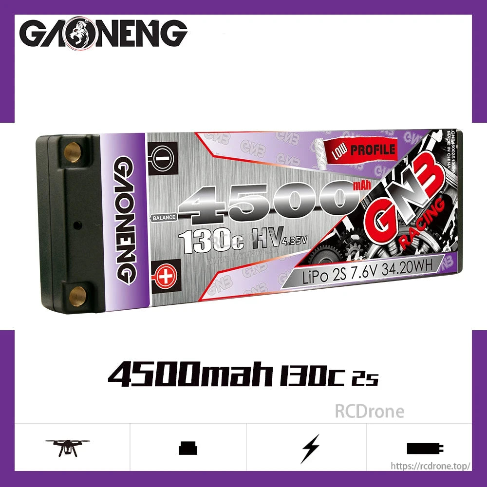 Side profile graphic of GAONENG GNB 4500mAh 130C 2S 7.6V LiHV low-profile hard case battery