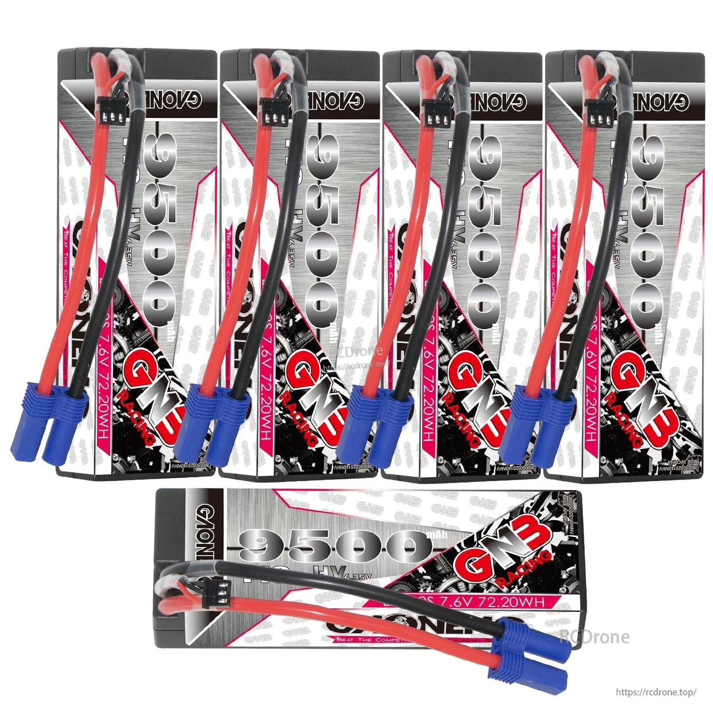 Bundle set showing four upright batteries plus one horizontal GNB 9500mAh 2S hard-case LiPo battery