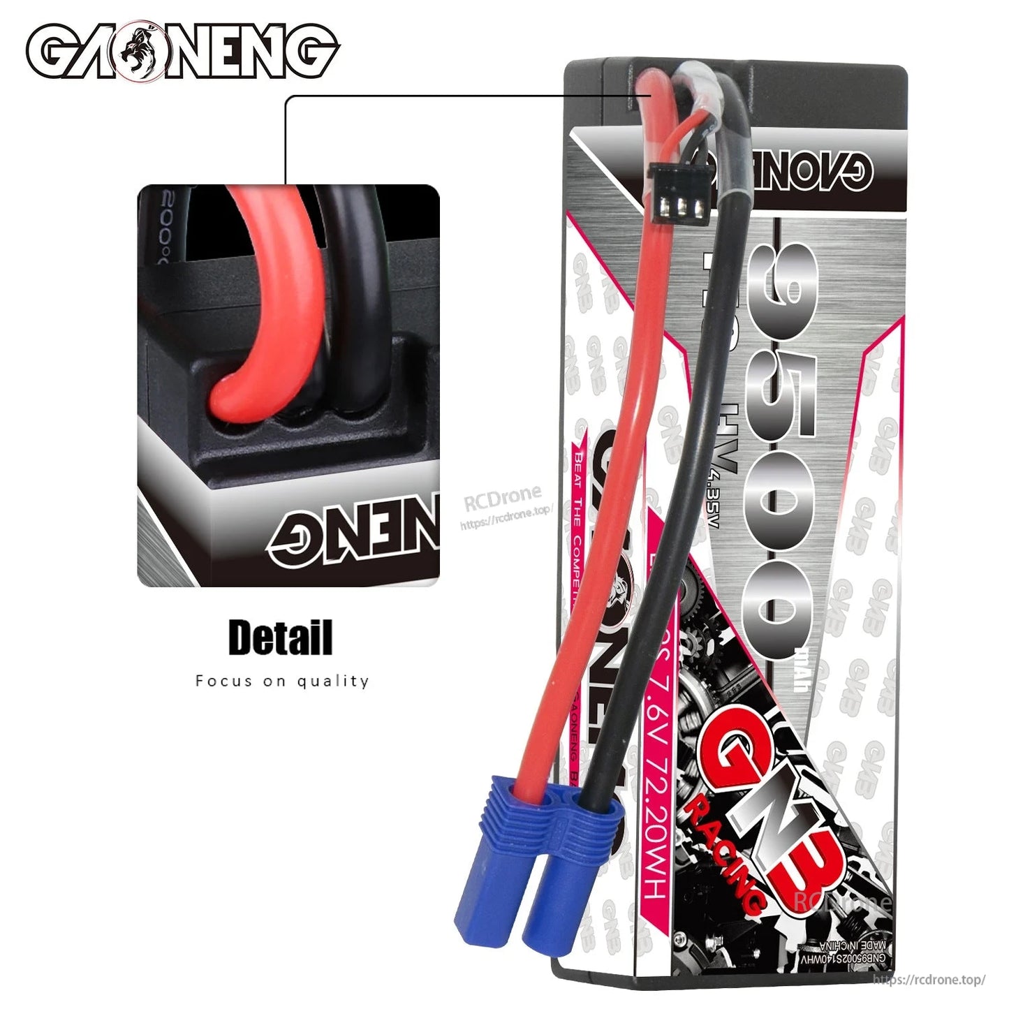 Close-up detail of wire exit and balance plug on GNB 9500mAh 2S hard-case LiPo battery