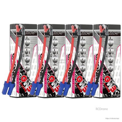 Four-pack lineup of GNB 9500mAh 2S hard-case LiPo batteries with EC5 connectors