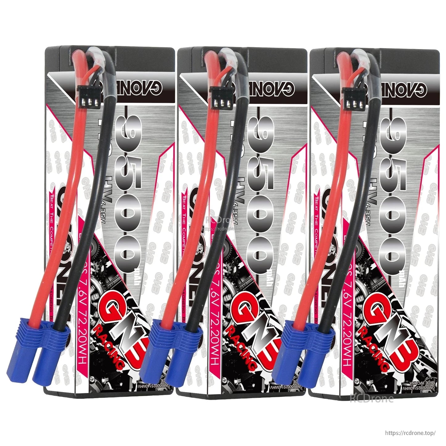 Three-pack lineup of GNB 9500mAh 2S hard-case LiPo batteries with EC5 connectors