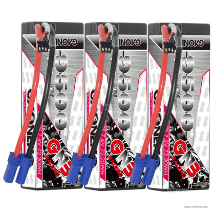 Three-pack lineup of GNB 9500mAh 2S hard-case LiPo batteries with EC5 connectors
