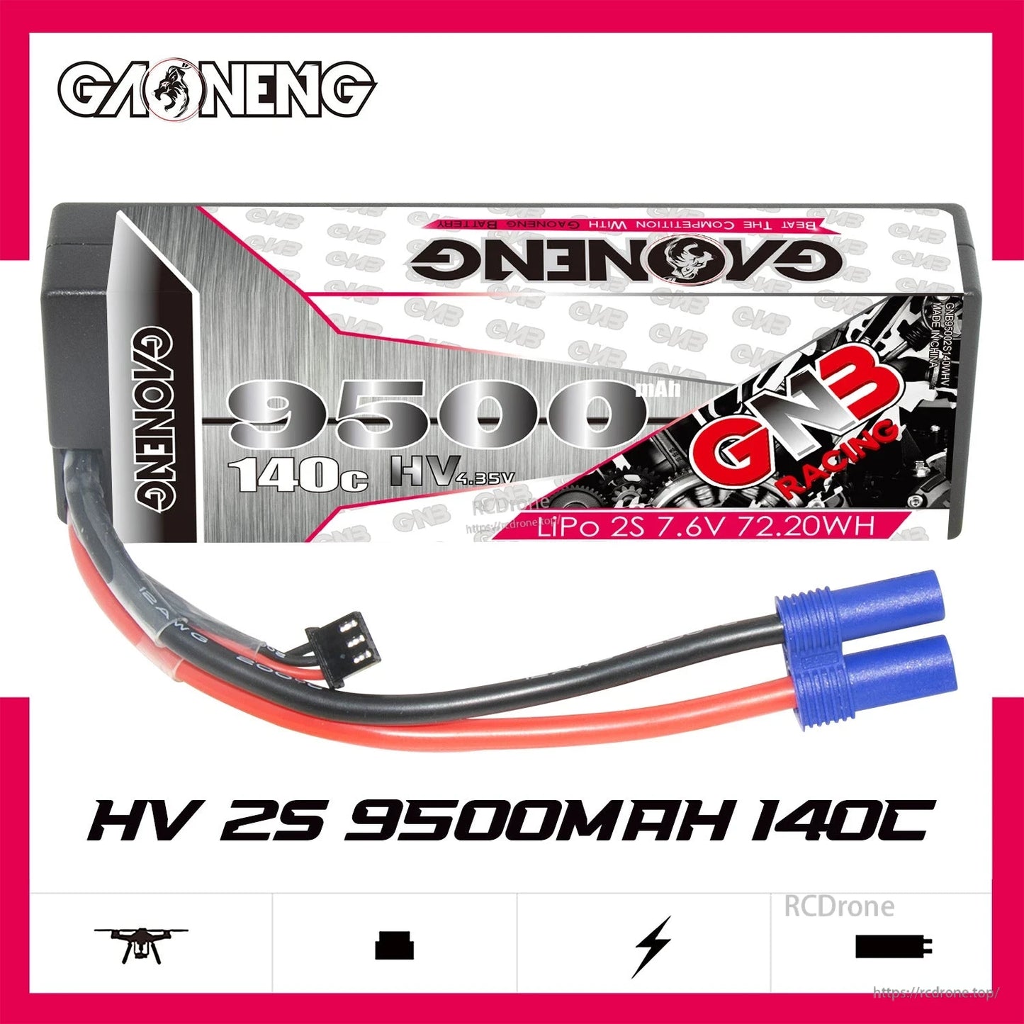 GAONENG GNB 2S 7.6V LiHV LiPo Battery graphic showing 9500mAh 140C label and EC5 lead