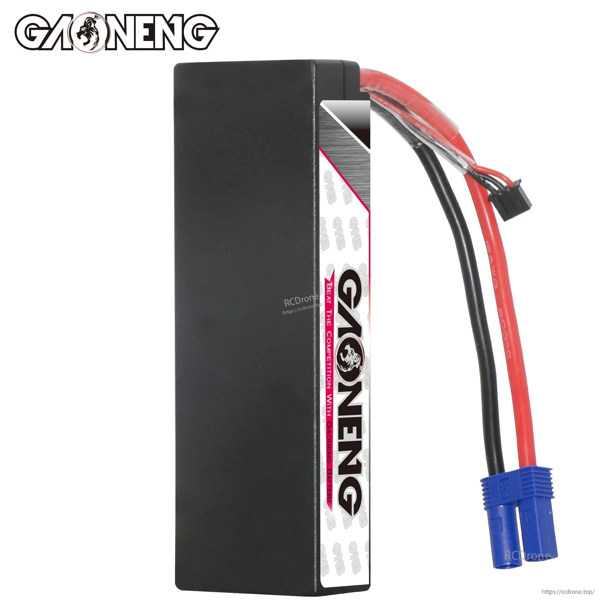 Side view of hard-case LiPo battery showing plain black case and EC5 discharge lead