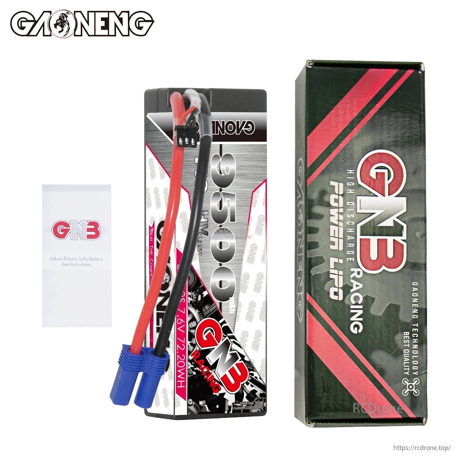 Package contents: GNB 9500mAh 2S hard-case battery with GNB Racing retail box and sticker card