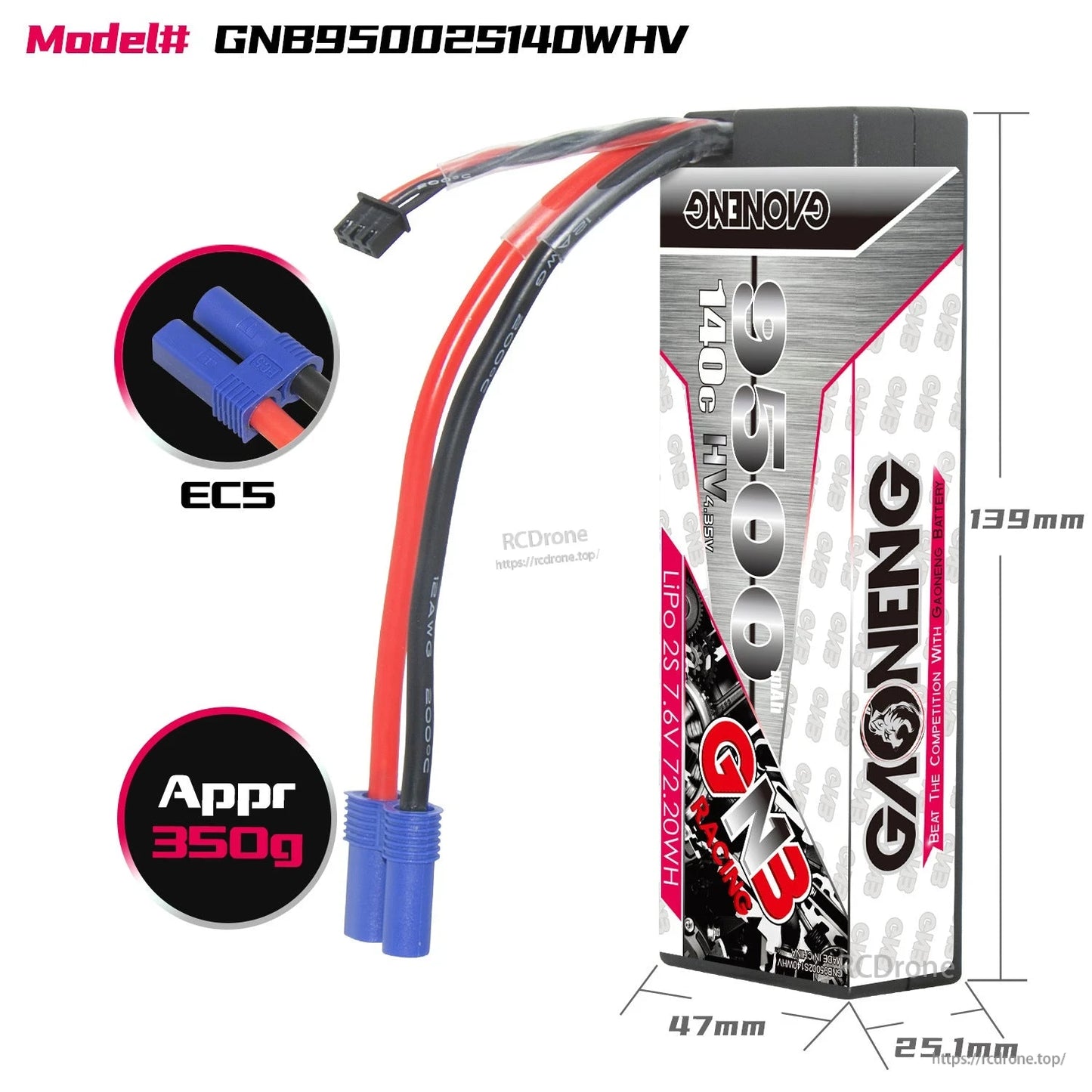 Battery size and connector diagram: model GNB95002S140WHV, EC5 plug, approx 350g, 139×47×25.1mm
