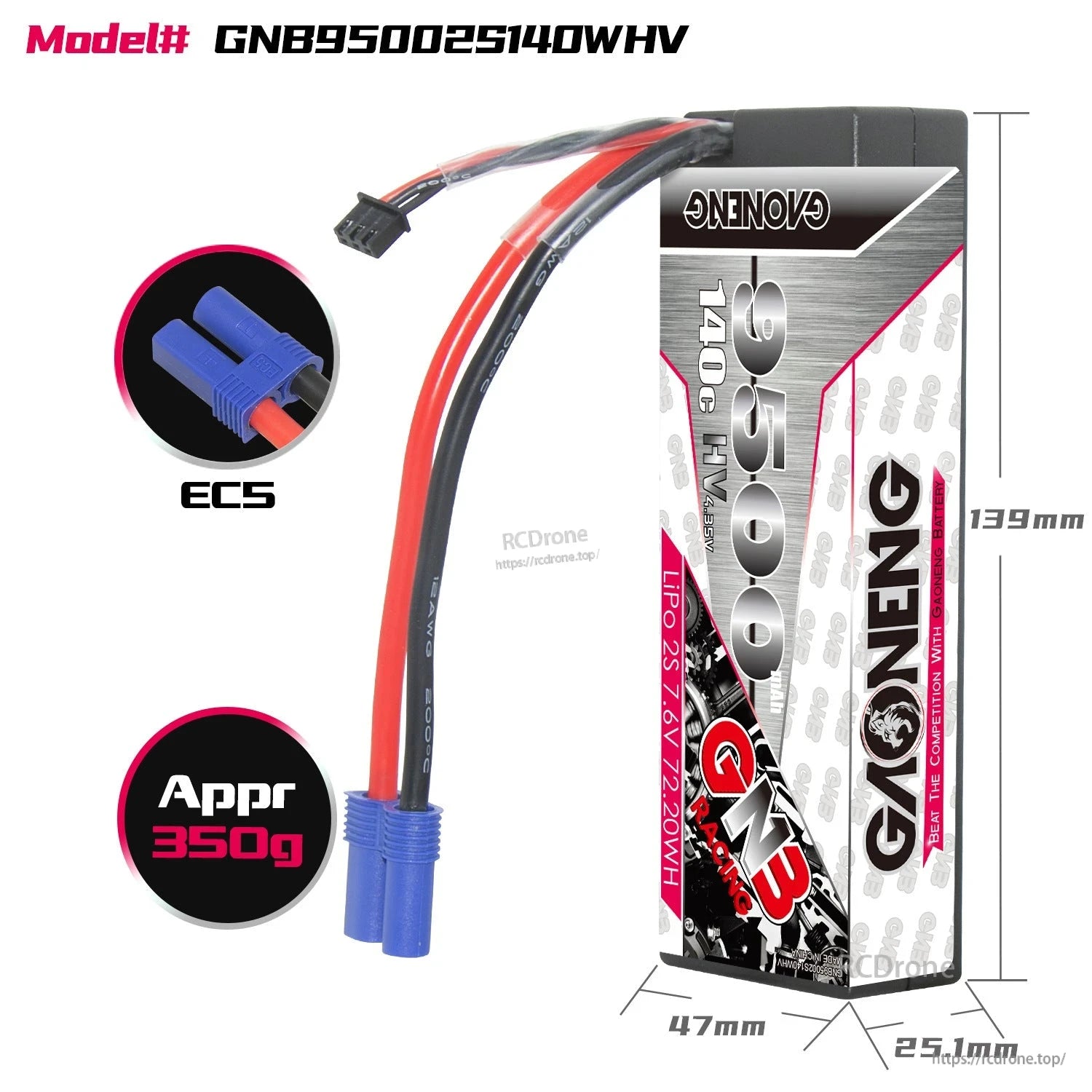 Battery size and connector diagram: model GNB95002S140WHV, EC5 plug, approx 350g, 139×47×25.1mm