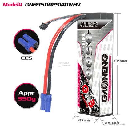 Battery size and connector diagram: model GNB95002S140WHV, EC5 plug, approx 350g, 139×47×25.1mm