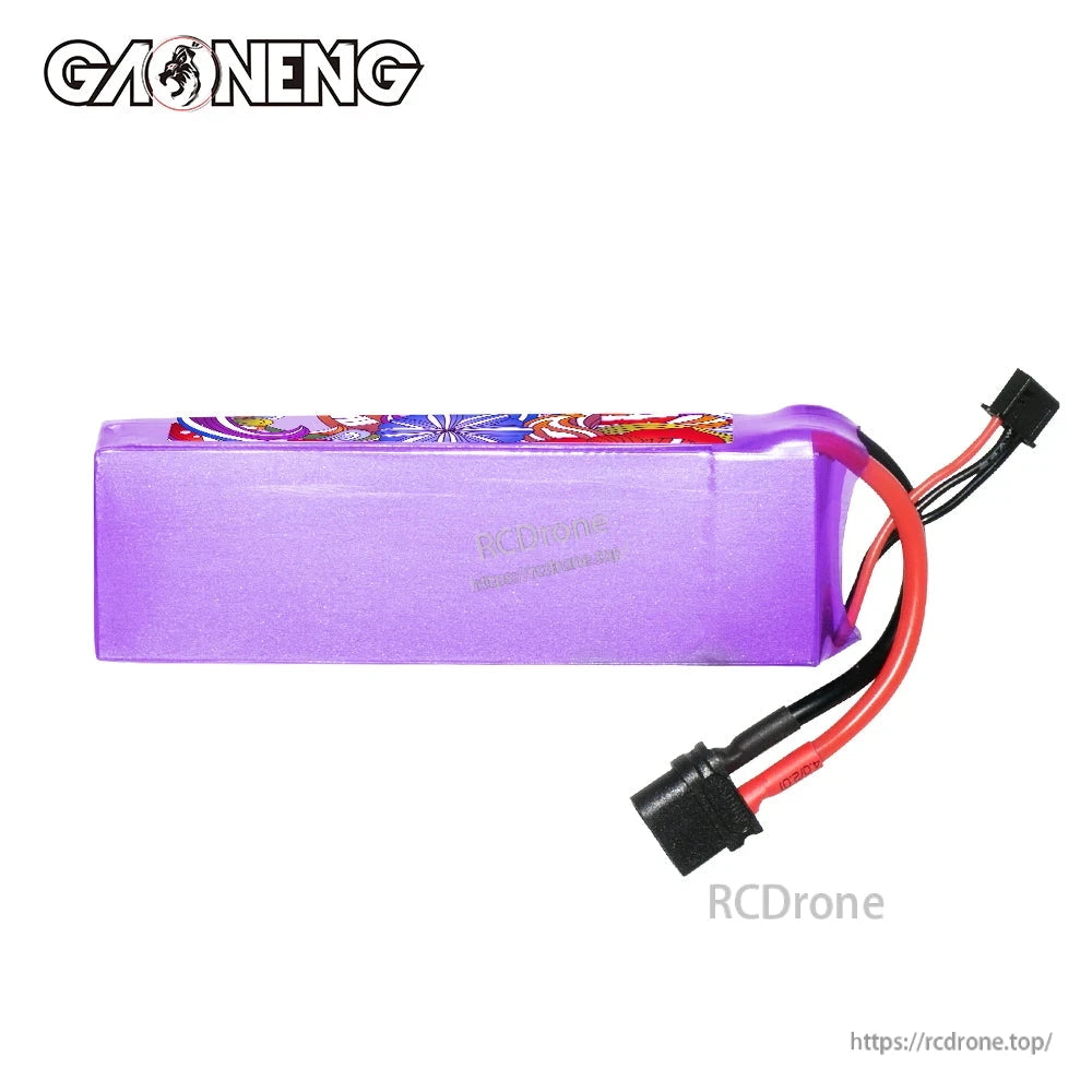 Rear side of purple GNB 3000mAh LiHV battery pack showing shrink wrap and XT60 lead exit