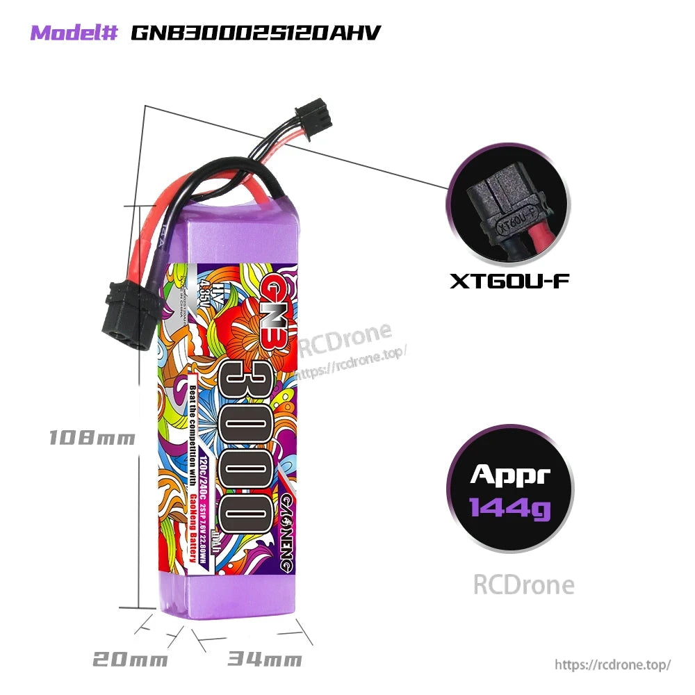 GNB30002S120AHV battery dimensions diagram (108×34×20mm) with approx 144g and XT60U-F close-up
