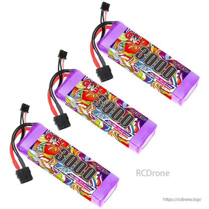 Three GNB 3000mAh LiHV battery packs with XT60 connectors, diagonal layout