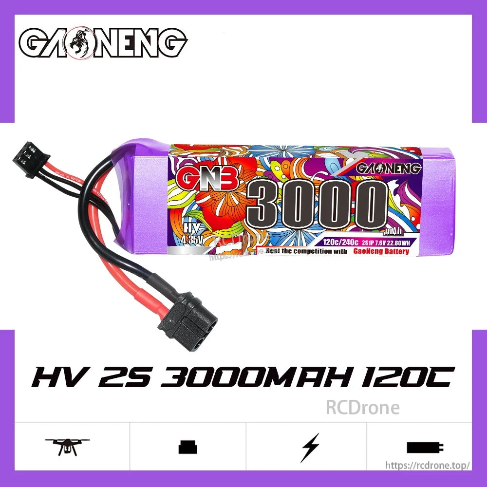 GNB 2S 3000mAh 120C LiHV battery product graphic with GAONENG branding and connector leads