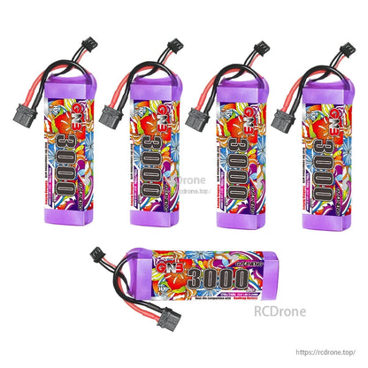 Five GNB 3000mAh LiHV battery packs shown in mixed orientations with XT60 leads