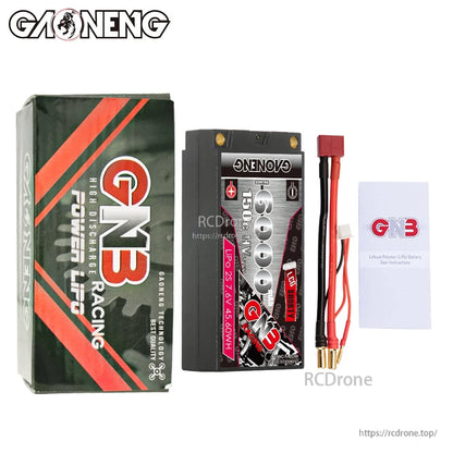 Package contents: GNB Racing box, 6000mAh shorty hard case battery, adapter lead, and manual card