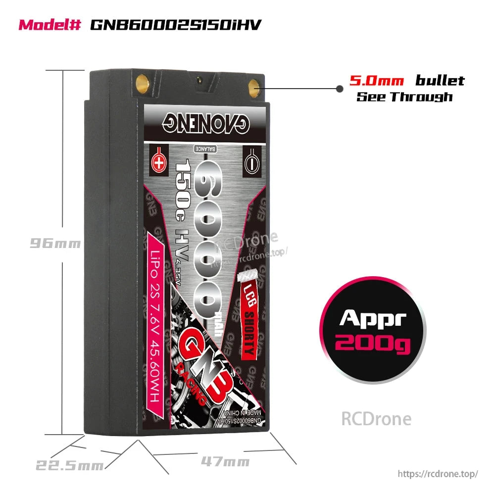 Size and weight diagram for GNB60002S150iHV battery with 5.0mm bullet connectors (approx 200g)
