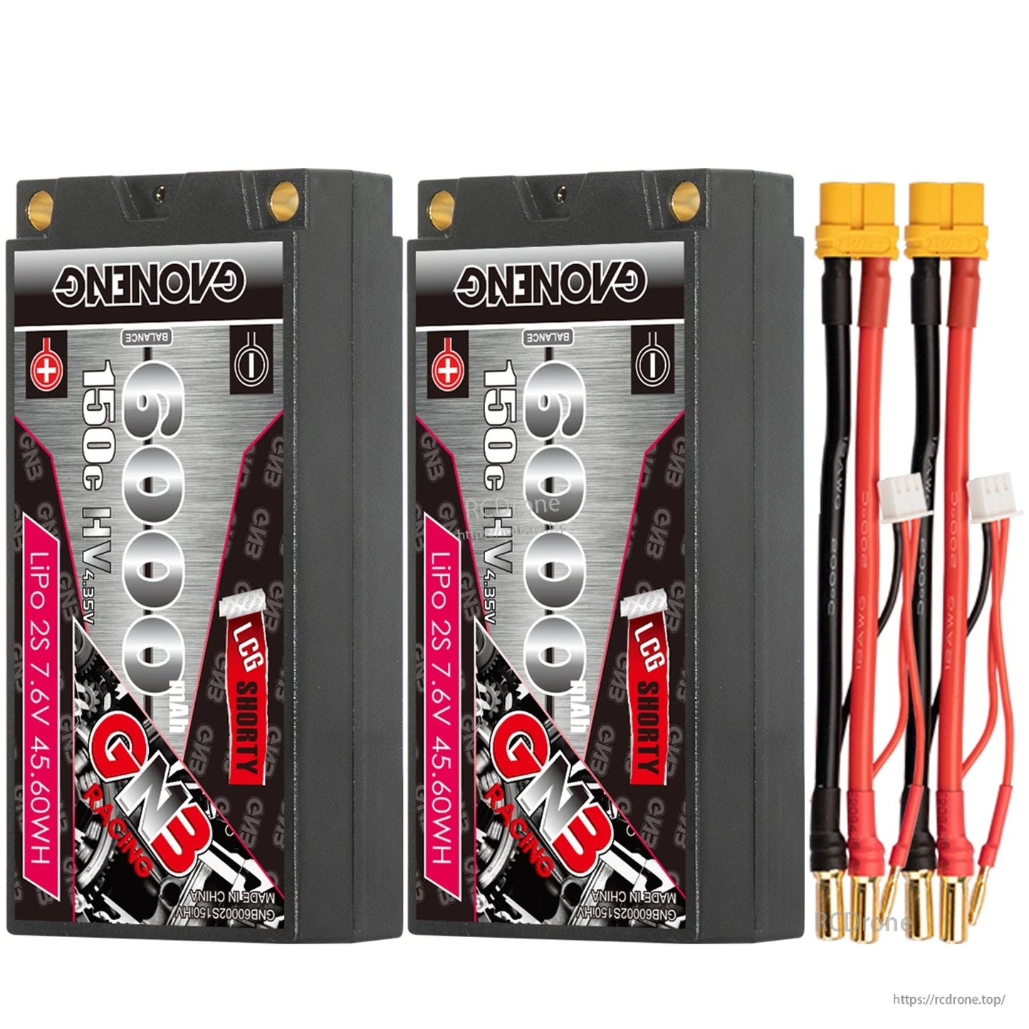 Two-pack bundle: 2x GNB 6000mAh LCG shorty hard case batteries with leads and yellow plug ends