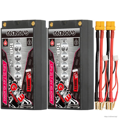 Two-pack bundle: 2x GNB 6000mAh LCG shorty hard case batteries with leads and yellow plug ends