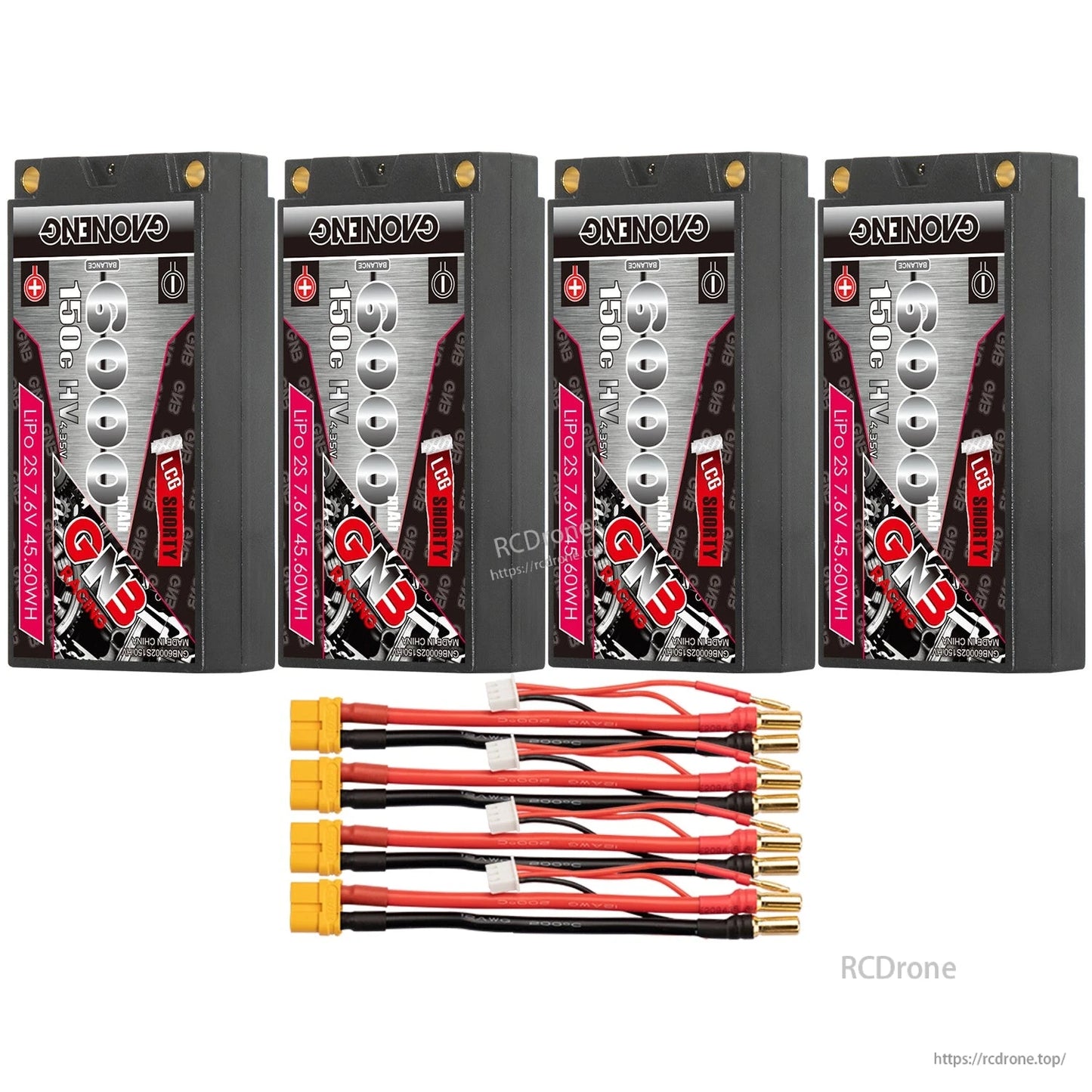 Four-pack bundle: 4x GNB 6000mAh shorty hard case batteries with four yellow-plug adapter leads