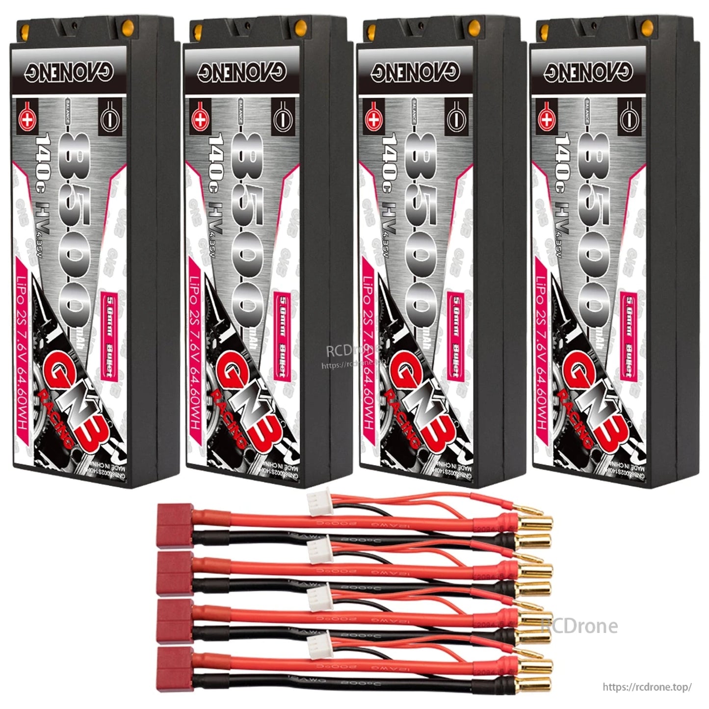 Four GAONENG GNB 8500mAh hard case batteries with four red T-style plug leads and 5mm bullets