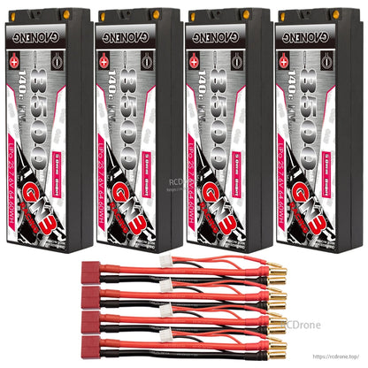 Four GAONENG GNB 8500mAh hard case batteries with four red T-style plug leads and 5mm bullets