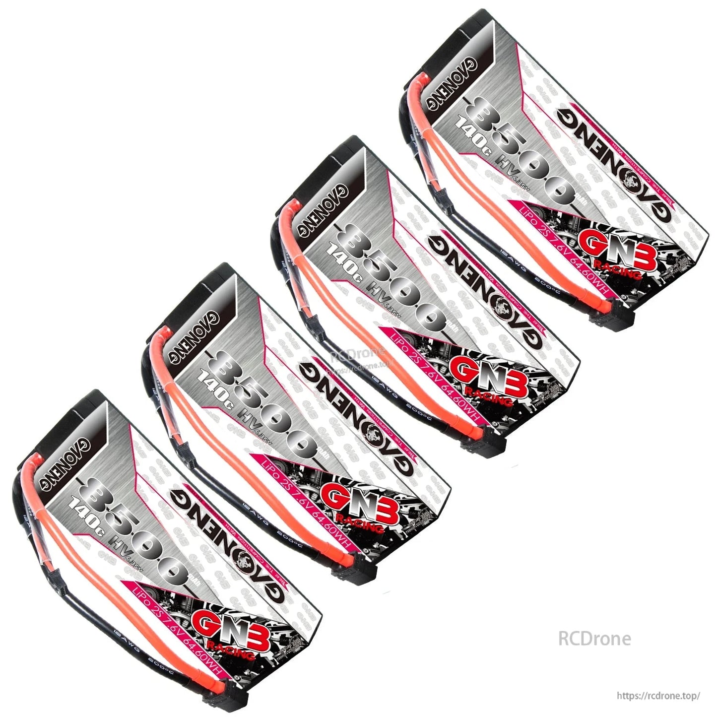 Four GAONENG GNB 8500mAh 140C LiHV 2S hard case batteries shown in a row, angled