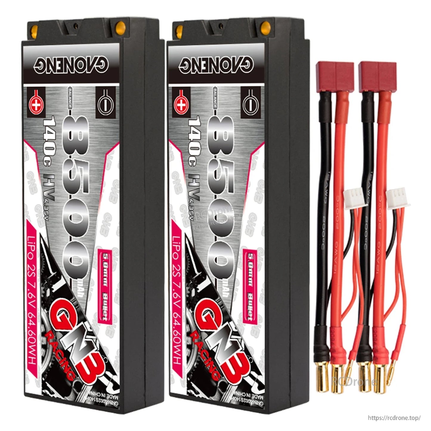 Two GAONENG GNB 8500mAh hard case batteries with red T-style plug leads and 5mm bullet ends