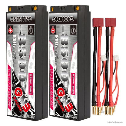 Two GAONENG GNB 8500mAh hard case batteries with red T-style plug leads and 5mm bullet ends
