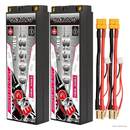 Two GAONENG GNB 8500mAh hard case batteries with yellow connector leads and 5mm bullet ends