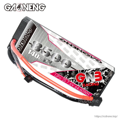 Top angled view of GAONENG GNB 8500mAh 140C LiHV 2S 7.6V hard case battery with leads
