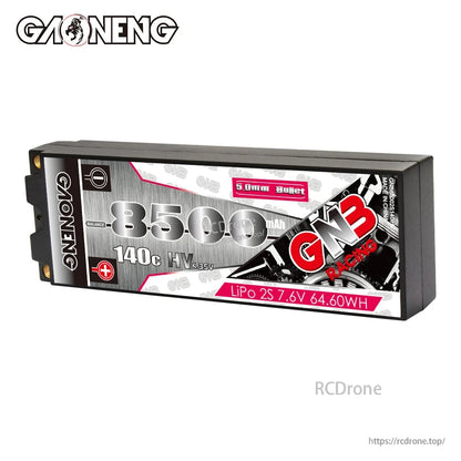 GNB Racing label close-up showing 8500mAh, 140C, LiPo 2S 7.6V 64.60Wh on hard case