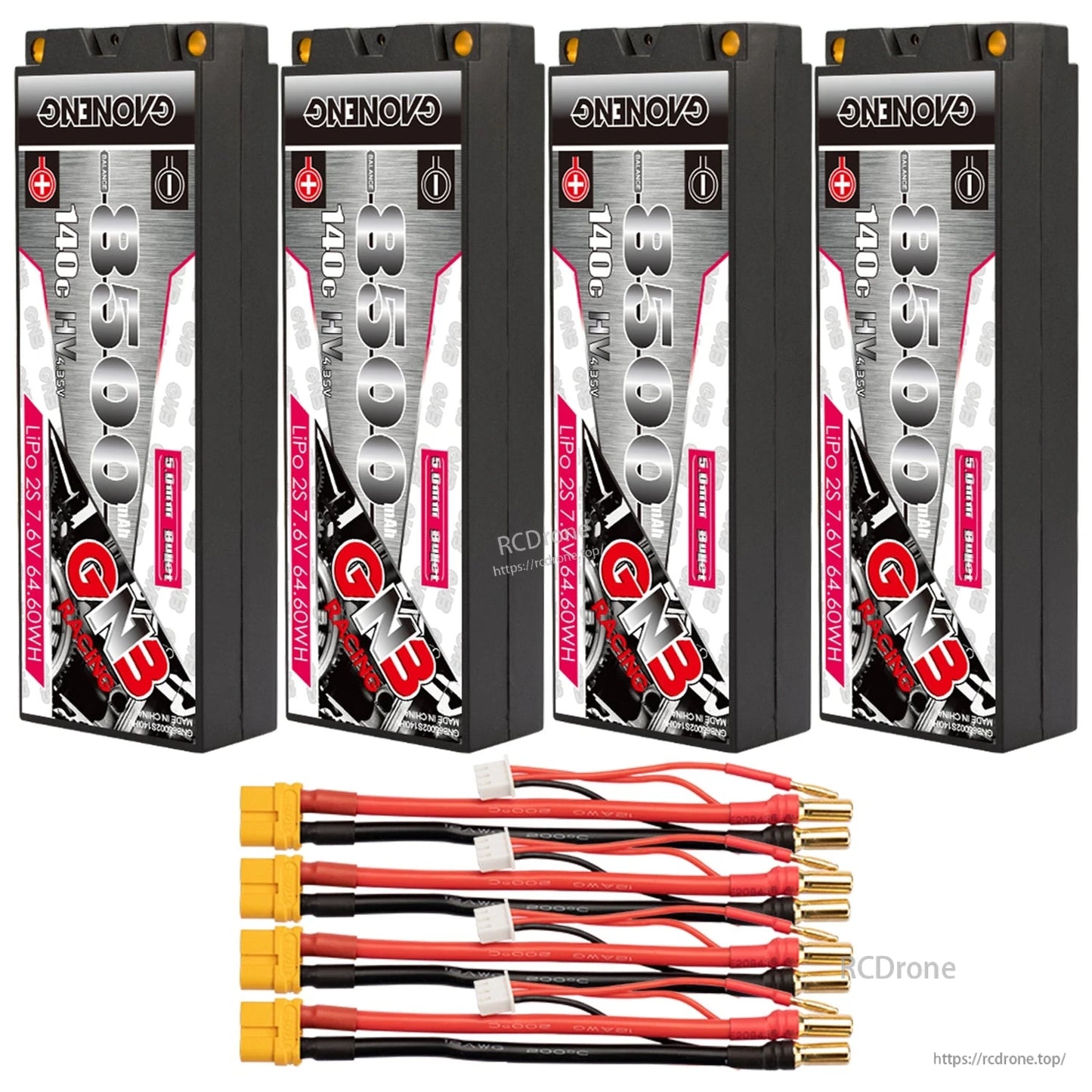 Four GAONENG GNB 8500mAh hard case batteries with four yellow connector leads and 5mm bullets