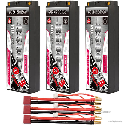 Three GAONENG GNB 8500mAh hard case batteries with three red T-style plug leads and 5mm bullets