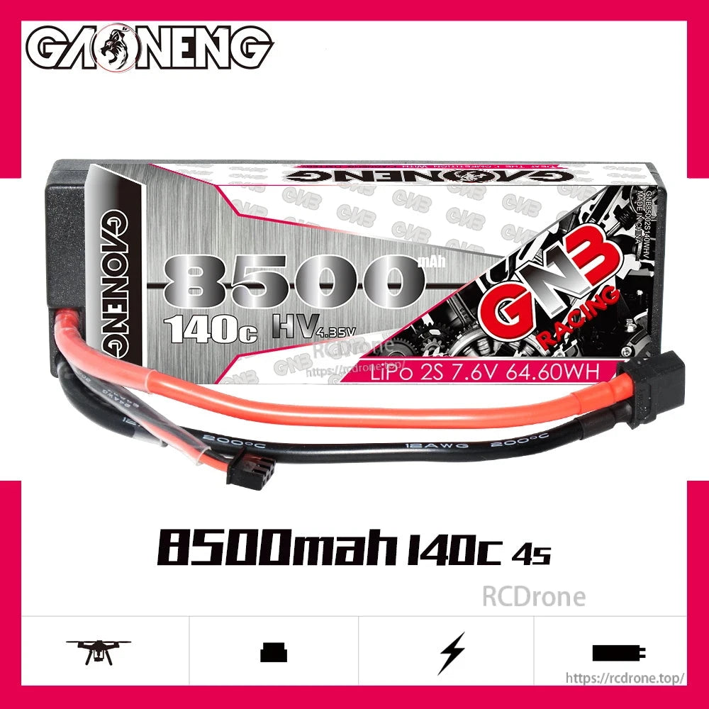 GAONENG GNB 2S 7.6V 8500mAh 140C LiHV hard case LiPo battery product graphic on white background