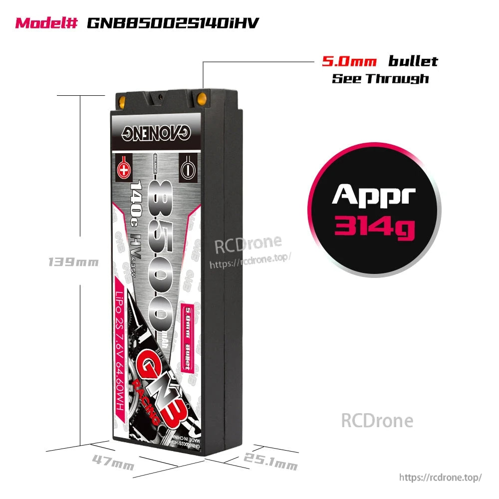 GNB850025140iHV battery size and weight diagram, 139×47×25.1mm, approx 314g, 5.0mm bullets