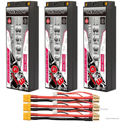 Three GAONENG GNB 8500mAh hard case batteries with three yellow connector leads and 5mm bullets