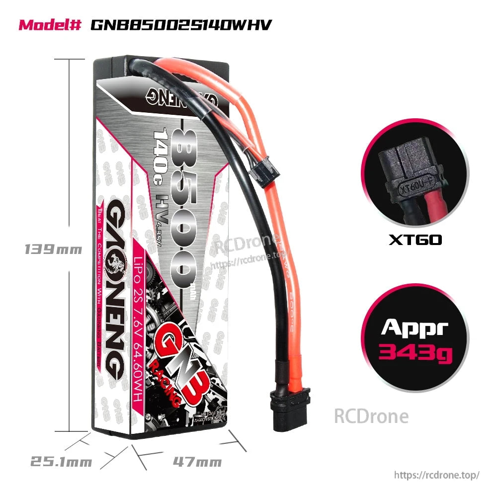 Battery dimensions diagram with XT60 connector close-up and approx weight 343g callout