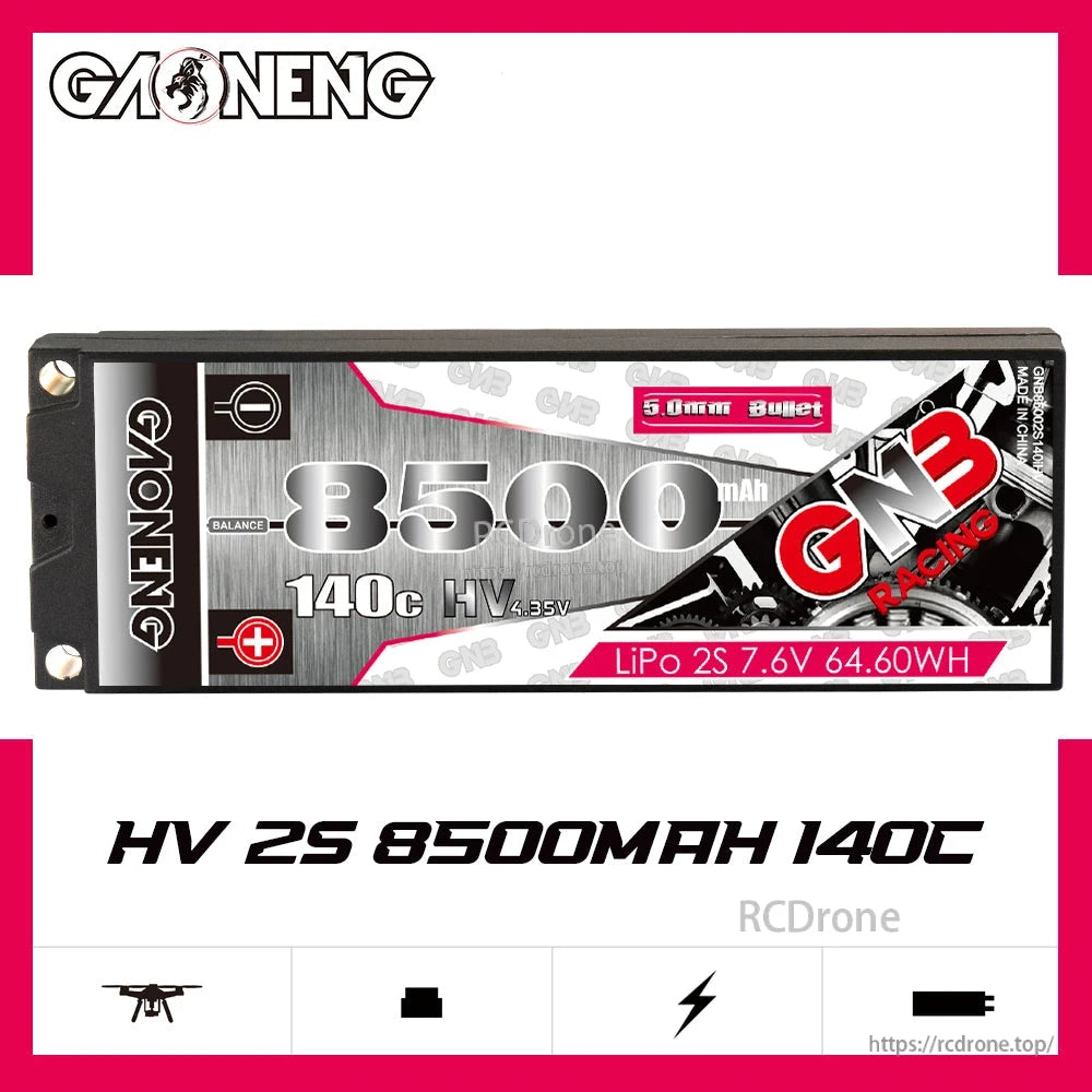 GAONENG GNB HV 2S 8500mAh 140C hard case battery front label close-up with specs text