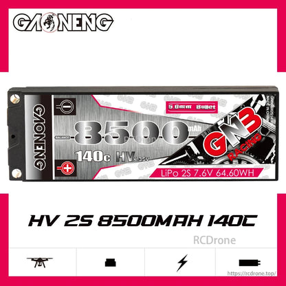 GAONENG GNB HV 2S 8500mAh 140C hard case battery front label close-up with specs text