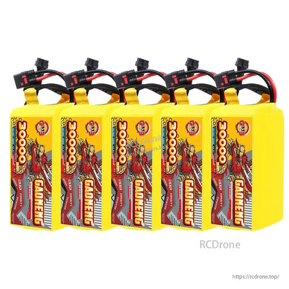 Five-pack lineup of GAONENG 30000mAh battery packs, showing consistent size and wiring